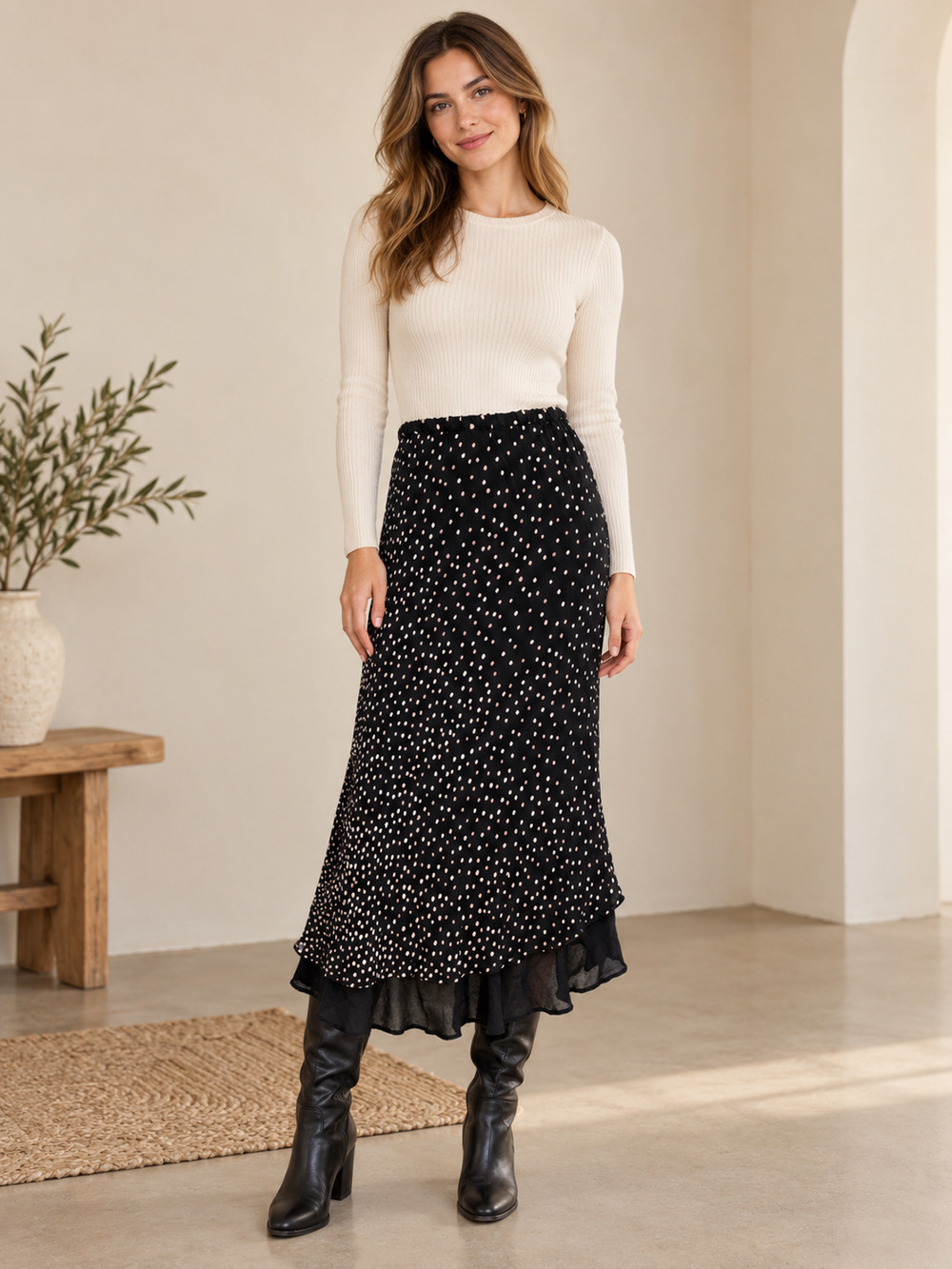 Vtg Chico's Design Polka Dots Skirt Womens L (2) Black Layered Ruffle Hem 90s